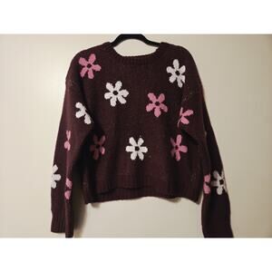 SO Floral Daisy Pink Cropped Cotton Blend Sweater Sz L Travel School Fairy Y2k